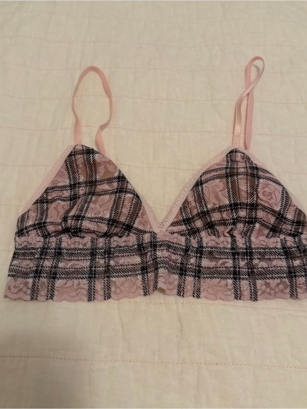 Hanky Panky Clueless Pink Plaid Padded Lace Bralette Limited Edition